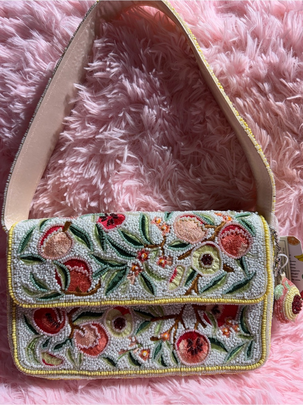 Embroidered Beaded Floral Shoulder Bag in Pink and Green -Peaches